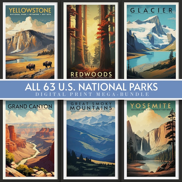 All 63 National Parks Vintage Travel Posters, Mega Bundle, Print at home | Wall Art | PRINTABLE Wall Art | Digital Print | Instant Art