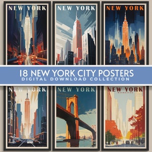 Colección de carteles de viajes vintage de la ciudad de Nueva York, conjunto de 18, paquete de descarga digital, arte de pared, impresiones retro, Empire State, Central Park