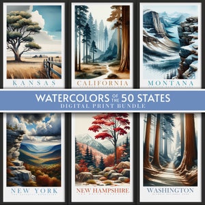 50 US Bundesstaaten - Aquarell Drucke, Bündel, Print at home | Wandkunst | DRUCKBARE Wandkunst | Digital | Sofortige Kunst, Poster, Nationalparks, Natur
