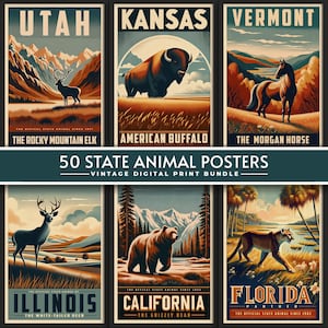 50 animales estatales: impresiones antiguas, paquete, impresión en casa / arte de pared / arte de pared IMPRIMIBLE / arte digital / arte instantáneo, parques nacionales, carteles