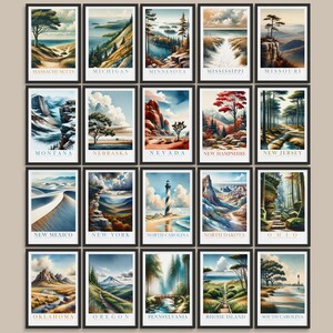 May include: A collage of 20 illustrated posters, each depicting a different state in the United States. Each poster features a unique landscape scene with a state name at the bottom.