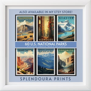 May include: A collage of six vintage-style posters featuring iconic US National Parks. The posters are arranged in a grid with the text "60 U.S. NATIONAL PARKS" and "DIGITAL PRINT MEGA-BUNDLE" in the center. The posters feature images of Yellowstone, Glacier, Redwood, Grand Canyon, Great Smoky Mountains, and Yosemite.