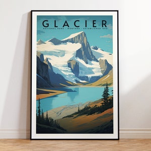 Glacier National Park, Vintage Travel Poster, Printable, Instant Digital Download, Montana artwork, retro art prints, Mountain Landscape