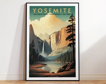 May include: A vintage-style poster with a scenic view of Yosemite National Park in California. The poster features a waterfall cascading down a cliff face, a lake in the foreground, and a forest of pine trees. The text "Yosemite National Park * California * Est 1890" is printed at the top of the poster.