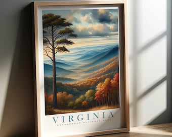 May include: A vintage-style travel poster for Shenandoah National Park in Virginia. The poster features a scenic view of a mountain range with a single pine tree in the foreground. The sky is a mix of blue and orange with clouds. The text "VIRGINIA SHENANDOAH NATIONAL PARK" is at the bottom of the poster.