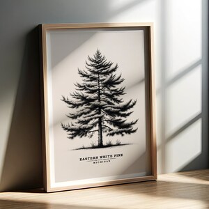 May include: A black and white illustration of an Eastern White Pine tree, the state tree of Michigan. The image is framed in a light wood frame and has a beige background.