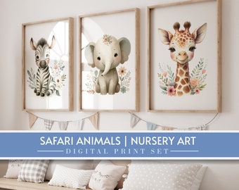 Safari Animals Nursery decor | Animal nursery prints | Nursery wall art | Set of 3 Safari baby animal prints | ORIGINAL art, kids room decor