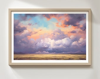 Può includere: Un dipinto di un paesaggio con un campo d'erba in primo piano e una catena montuosa sullo sfondo. Il cielo è pieno di nuvole bianche e soffici e un tramonto rosa e arancione.