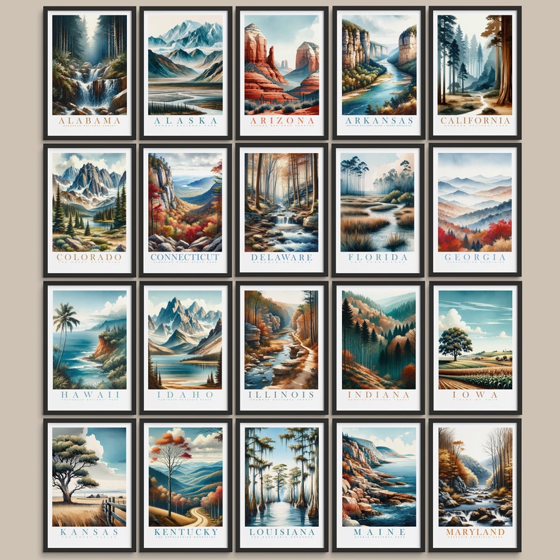 May include: A collage of 20 framed illustrations depicting scenic landscapes from each of the 50 US states. Each frame features a different state name and a unique landscape scene.