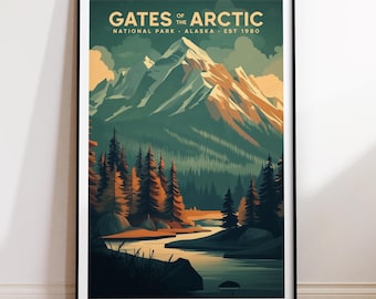 Może przedstawiać: Oprawiony wydruk artystyczny przedstawiający stylizowany krajobraz Parku Narodowego Gates of the Arctic na Alasce. Grafika przedstawia pasmo górskie ze szczytami pokrytymi śniegiem, rzekę i drzewa iglaste. U góry znajduje się napis "GATES OF THE ARCTIC".