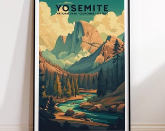 Może przedstawiać: Oprawiony wydruk artystyczny przedstawiający stylizowaną ilustrację Parku Narodowego Yosemite. Grafika przedstawia rzekę, góry i drzewa w odcieniach zieleni, brązu i błękitu, z napisem "YOSEMITE" u góry. Scena krajobrazowa.