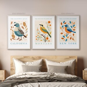 May include: Three framed prints featuring illustrations of state birds. The California Quail, the Western Meadowlark, and the Eastern Bluebird are depicted in colorful detail against a floral background. The prints are labeled with the state name and the bird's common name.