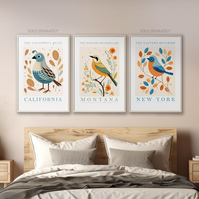 May include: Three framed prints featuring illustrations of state birds. The California Quail, the Western Meadowlark, and the Eastern Bluebird are depicted in colorful detail against a floral background. The prints are labeled with the state name and the bird's common name.