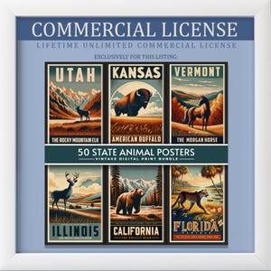 Licencia comercial para los 50 animales del estado: paquete de impresiones antiguas / Licencia ilimitada de por vida / Uso comercial