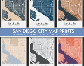 Mapa miasta San Diego | 10 wariantów kolorystycznych | Wydruki mapy miasta | Natychmiastowe pobieranie cyfrowe | Plakat ścienny z miastem | Prezent z mapą | Kolekcja map