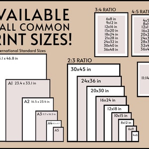 May include: A chart showing common print sizes in inches, including ISO standard sizes, 3:4 ratio, 4:5 ratio, 2:3 ratio, and 11:14 ratio.