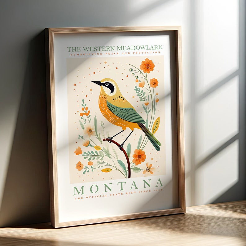 May include: A vintage-style poster featuring a yellow and green Western Meadowlark bird perched on a branch with orange and white flowers. The text reads "The Western Meadowlark symbolizing peace and protection. Montana. The official state bird since 1931."