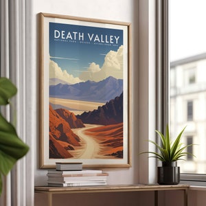 May include: A vintage-style travel poster for Death Valley National Park in Nevada. The poster features a scenic view of a valley with mountains in the background and a winding road leading into the distance. The text "DEATH VALLEY NATIONAL PARK - NEVADA - ESTABLISHED 1994" is printed at the top of the poster.