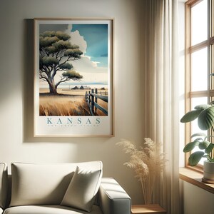 May include: A vintage-style poster with a watercolor illustration of a lone tree in a field with a wooden fence. The text "KANSAS THE GREAT PLAINS" is at the bottom of the poster.