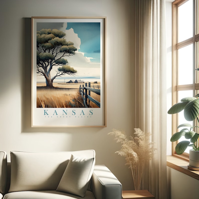 May include: A vintage-style poster with a watercolor illustration of a lone tree in a field with a wooden fence. The text "KANSAS THE GREAT PLAINS" is at the bottom of the poster.