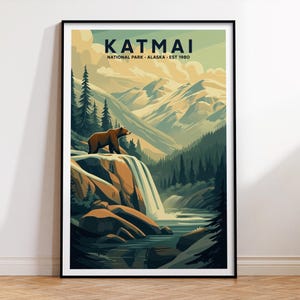 Katmai National Park Whimsical Travel Poster | PRINTABLE Wall Art | Digital Print | Playful | Instant Art | Wall Art | Nature Decor