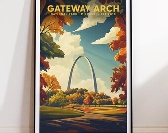 Grillige reisposter van Gateway Arch National Park | AFDRUKBARE muurkunst | Digitale afdruk | Speels | Instantkunst | Muurkunst | Natuurdecoratie