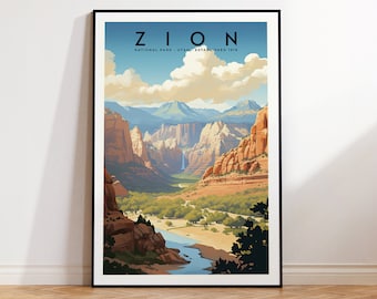 Puede incluir: Un póster de viaje de estilo vintage que presenta una vista panorámica del Parque Nacional Zion en Utah. El póster presenta un paisaje vibrante con acantilados de roca roja, un río serpenteando por el valle y una cascada que cae por un acantilado. El texto "ZION NATIONAL PARK - UTAH - ESTABLISHED 1919" está impreso en la parte superior del póster.