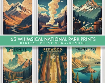 Puede incluir: Un conjunto de seis ilustraciones coloridas de parques nacionales en los Estados Unidos. Cada ilustración presenta un parque diferente, incluyendo Denali, Yellowstone, Rocky Mountain, Yosemite, Redwood y Crater Lake. Las ilustraciones están en un estilo caprichoso y presentan puntos de referencia y paisajes icónicos de cada parque.