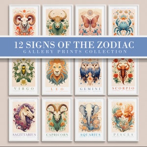 12 Signs of the Zodiac Gallery Wall Set, All 12 Horoscopes Bundle, Animal Prints, Trendy Posters, Colorful Art, Astrology, Digital Download