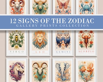 Op de afbeelding: Een set van 12 dierenriemtekens geïllustreerd als galerieprints. Elke print toont een ander dierenriemteken met een uniek dier- en bloemendesign. De tekens zijn: Maagd, Leeuw, Tweelingen, Schorpioen, Boogschutter, Steenbok, Waterman, Vissen, Ram, Stier, Kreeft en Weegschaal.