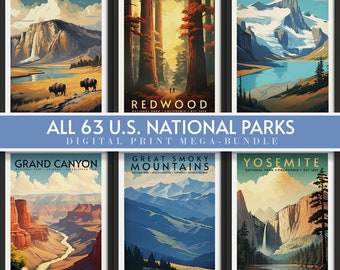May include: A collage of six vintage-style posters featuring different US National Parks. The posters are arranged in a grid of two rows and three columns. The top row features Yellowstone National Park, Redwood National Park, and Glacier National Park. The bottom row features Grand Canyon National Park, Great Smoky Mountains National Park, and Yosemite National Park. Each poster features a scenic landscape with a title and park information.