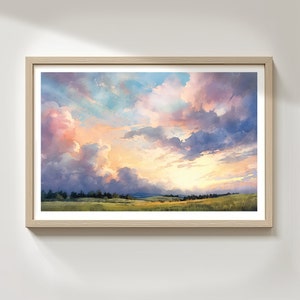 May include: A painting of a field with a forest in the background. The sky is filled with fluffy clouds in shades of pink, blue, and white. The sun is setting, casting a warm glow over the landscape.