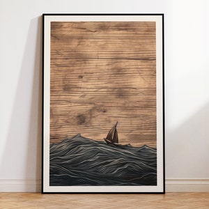 3 Piece Woodgrain Wall Art Set, Abstract Prints, Stormy Sea, Boat, Modern Decor, Printable Triptych, Instant Digital Download, Wooden