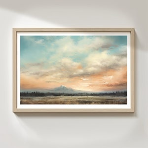 May include: A painting of a mountain range with a snow-capped peak in the distance. The sky is a mix of blue, white, and orange clouds. The foreground is a field of grass and trees.