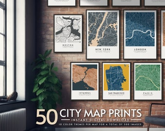 May include: A brick wall with 10 framed city maps, including New Orleans, Amsterdam, Tokyo, Montreal, Boston, New York, London, Istanbul, San Francisco, and Paris. The text below the maps reads "50 City Map Prints - Instant Digital Download - 10 Color Themes Per Map For A Total Of 500 Images".