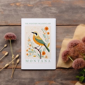 May include: A white card with a yellow and green bird illustration on a branch with flowers. The text reads "The Western Meadowlark symbolizing peace and protection. Montana The official state bird since 1931."