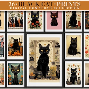 Black Cat Prints Bundle, Set of 36, Cat Lover Gift, Cute Kitten Poster, Instant Digital Download, Printable, Charming Illustration Painting