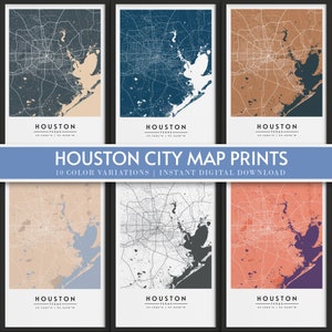 Mapa da cidade de Houston | 10 variações de cores | Impressões de mapas da cidade | Download digital instantâneo | Arte de parede de pôster da cidade | Presente de mapa da cidade | Coleção de mapas