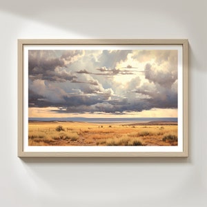 Könnte beinhalten: Ein Gemälde, das eine weite, goldene Prärielandschaft unter einem dramatischen Himmel mit fluffigen weißen Wolken und dunklen grauen Gewitterwolken zeigt. Der Horizont liegt in der Ferne, und die Sonne scheint durch die Wolken.