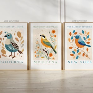 May include: Three illustrated prints of birds, each with a different bird and state name. The California Quail is blue and brown, the Western Meadowlark is yellow and orange, and the Eastern Bluebird is blue and orange.