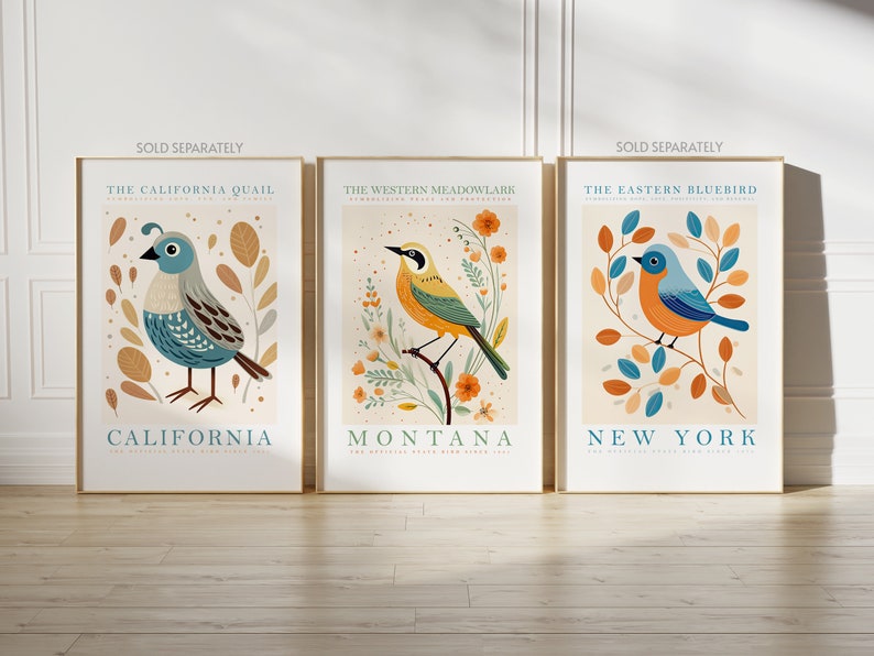 May include: Three illustrated prints of birds, each with a different bird and state name. The California Quail is blue and brown, the Western Meadowlark is yellow and orange, and the Eastern Bluebird is blue and orange.