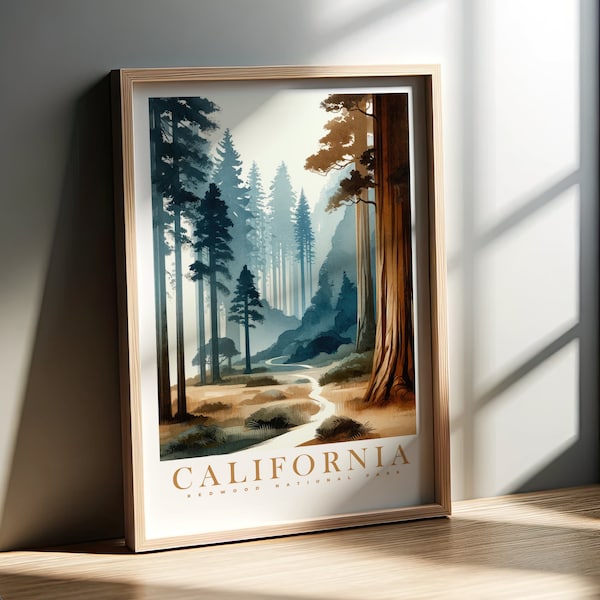 Californië aquarelprint | Redwood-bos | 50 Amerikaanse statencollectie | Kunst aan de muur | AFDRUKBARE muurkunst | Digitaal | Instant kunst | Poster