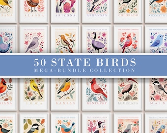 50 State Birds Gallery Wall Set, All 50 States Bundle, Bird Prints, Trendy Posters, Colorful Art, Avian, Instant Digital Download, Gift