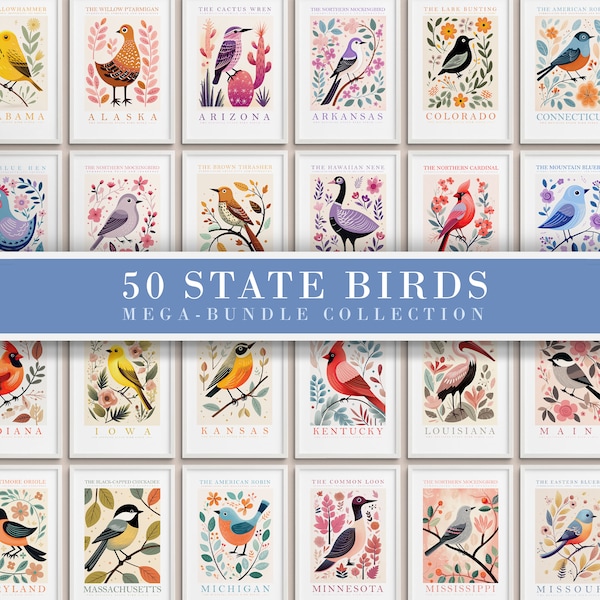 50 State Birds Gallery Wall Set, All 50 States Bundle, Bird Prints, Trendy Posters, Colorful Art, Avian, Instant Digital Download, Gift