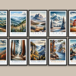 May include: A set of 10 framed landscape prints featuring scenic views of different US states. Each print has a black frame and a white background with the state name and a short description in blue text. The prints depict various landscapes, including mountains, forests, rivers, and lakes.