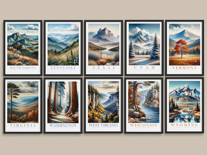 May include: A set of 10 framed landscape prints featuring scenic views of different US states. Each print has a black frame and a white background with the state name and a short description in blue text. The prints depict various landscapes, including mountains, forests, rivers, and lakes.