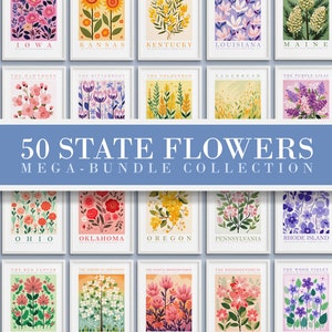 Conjunto de pared con galería de flores estatales, paquete de los 50 estados, impresiones de flores, carteles florales de moda, paquete de arte colorido, botánico, descarga digital