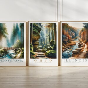 May include: Three framed prints of national parks. The left print shows a bridge over a stream in a forest with the text "Pennsylvania, Allegheny National Forest". The middle print shows a stone path leading up a hill in a forest with the text "Ohio, Cuyahoga Valley National Park". The right print shows a river winding through a forest with the text "Illinois, Shawnee National Forest".