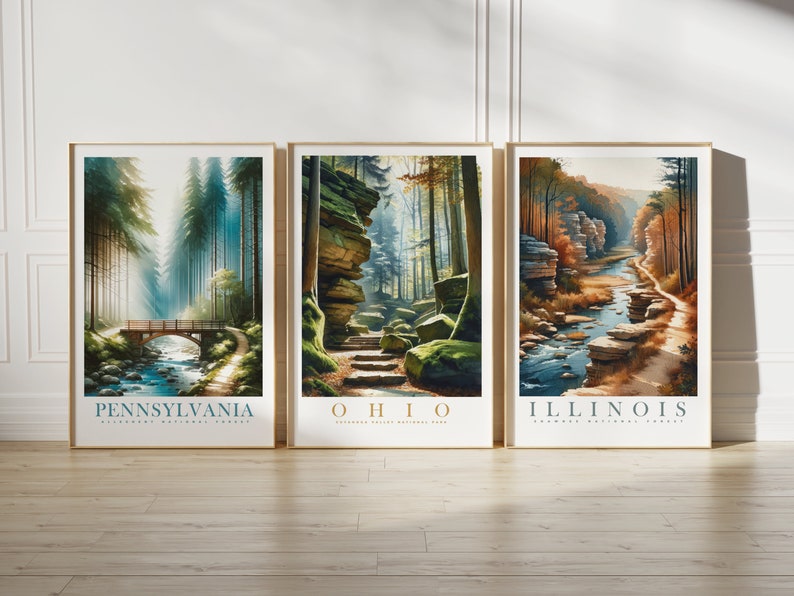 May include: Three framed prints of national parks. The left print shows a bridge over a stream in a forest with the text "Pennsylvania, Allegheny National Forest". The middle print shows a stone path leading up a hill in a forest with the text "Ohio, Cuyahoga Valley National Park". The right print shows a river winding through a forest with the text "Illinois, Shawnee National Forest".
