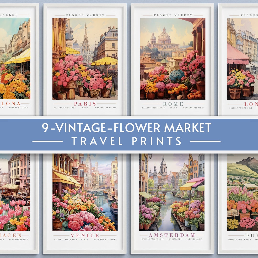 Flower Market Travel Prints, Set of 9, Botanical Wall Art, Floral Decor ...